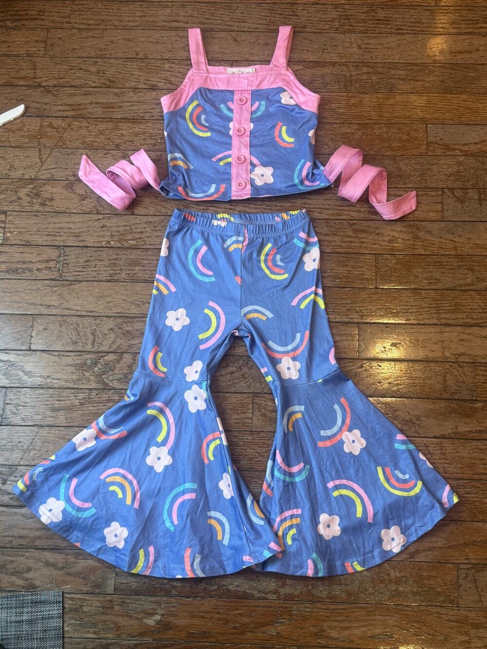 Marie Nicole Floral Rainbow Tank & Bell Bottoms Outfit Retro Set Size Small 2T